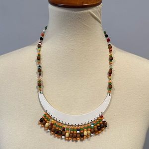 Vintage Color Beads with White Crescent Metal Collar Plate - Brown Bean Beads